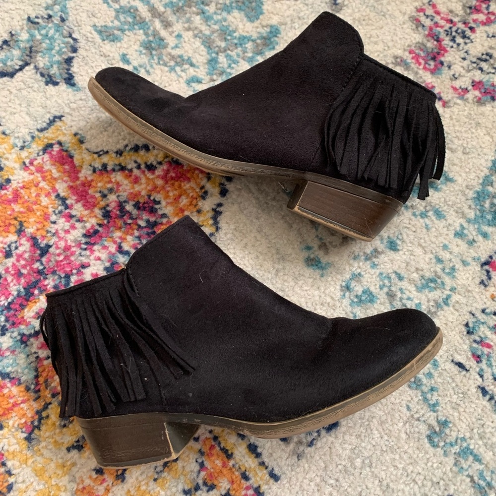 Black Suede Fringe Booties Boho Ankle Boots